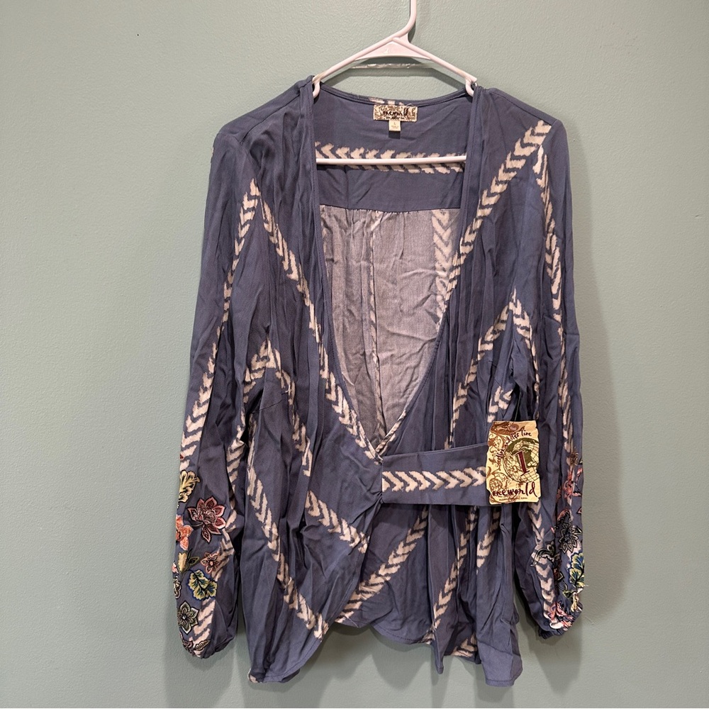 NWT ONE WORLD Bohemian Floral Faux Wrap Blouse Long Sleeves